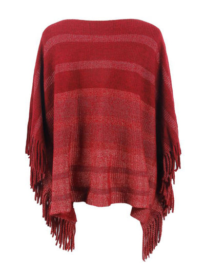 BEAUTIFUL I AM Striped Boat Neck Poncho with Fringes