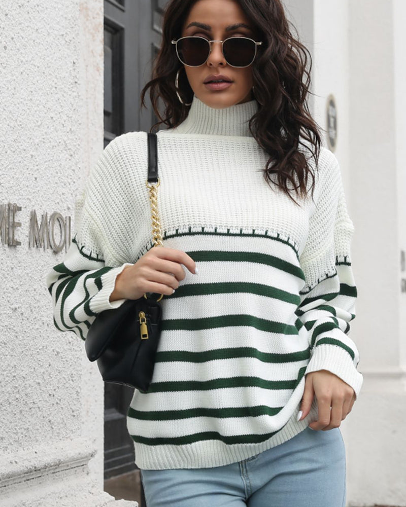 BEAUTIFUL I AM Striped Turtleneck Drop Shoulder Sweater