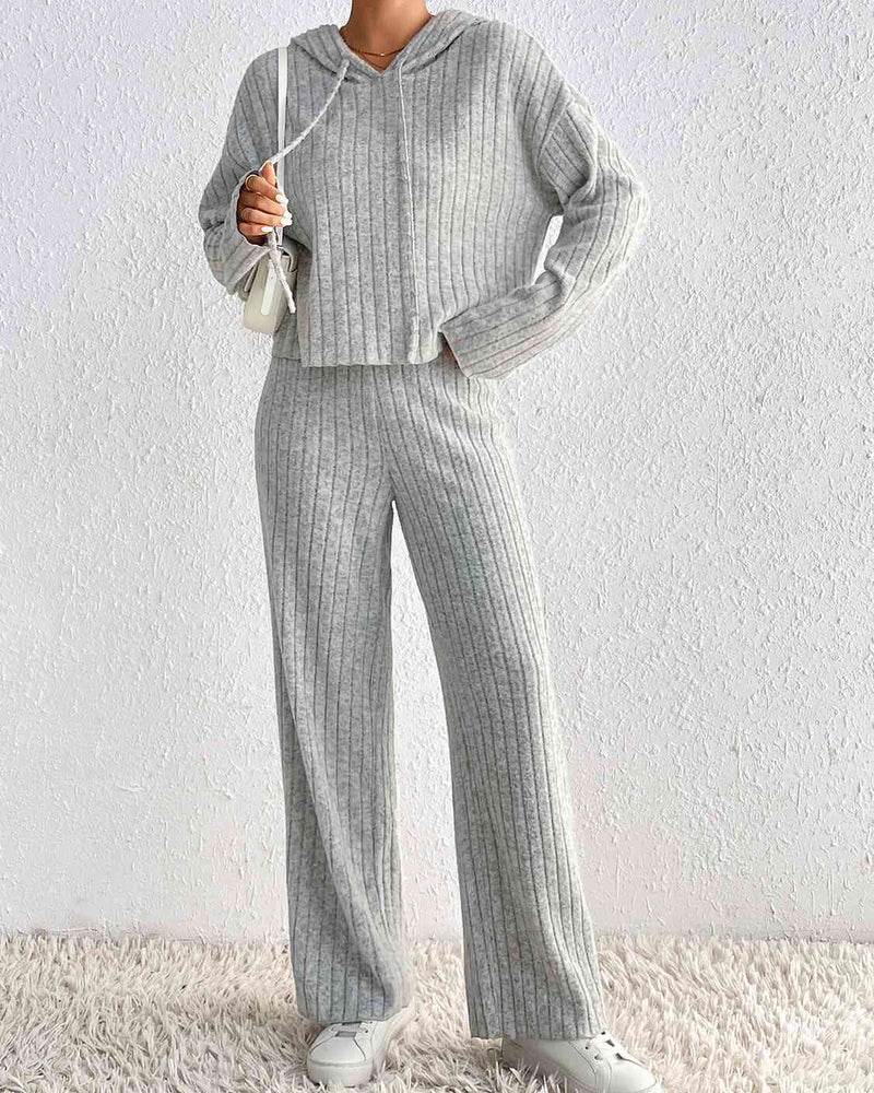 BEAUTIFUL I AM Drawstring Ribbed Hoodie and Straight Leg Pants Set