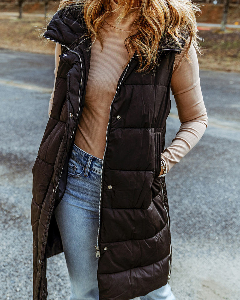 BEAUTIFUL I AM Longline Hooded Sleeveless Puffer Vest Jacket