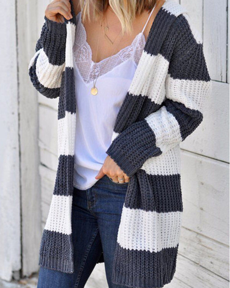 BEAUTIFUL I AM Striped Open Front Hooded Cardigan