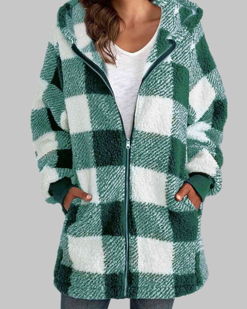 BEAUTIFUL I AM Plaid Zip-Up Hooded Jacket with Pockets