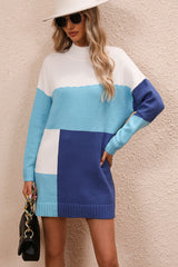 BEAUTIFUL I AM Color Block Mock Neck Dropped Shoulder Sweater Dress