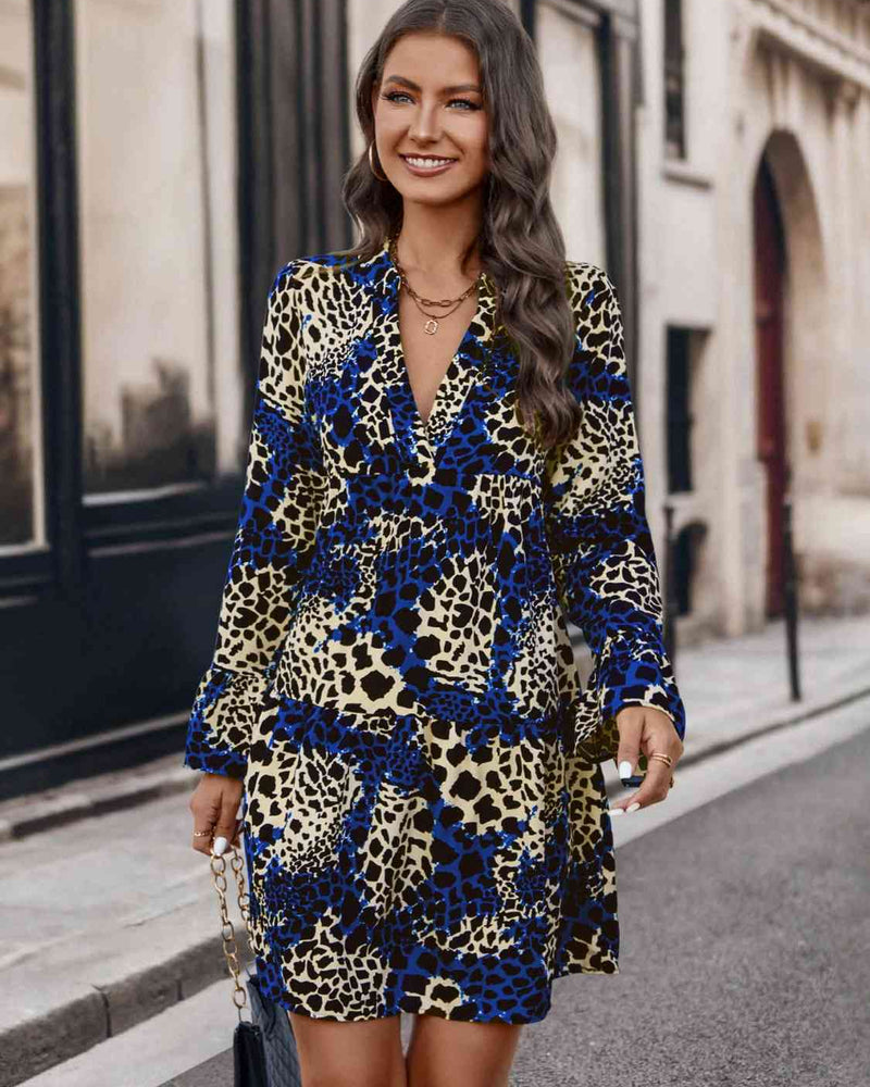 BEAUTIFUL I AM Leopard Notched Long Sleeve Dress
