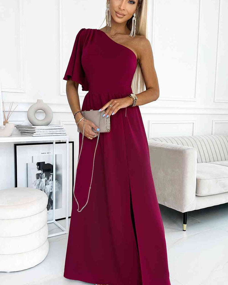 BEAUTIFUL I AM One shoulder Flutter sleeves Slit Dress