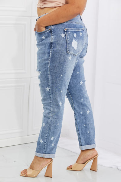 BEAUTIFUL I AM Judy Blue Sarah Full Size Star Pattern Boyfriend Jeans