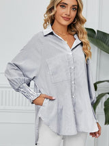 BEAUTIFUL I AM Striped Button Up Smocked Long Sleeve Shirt