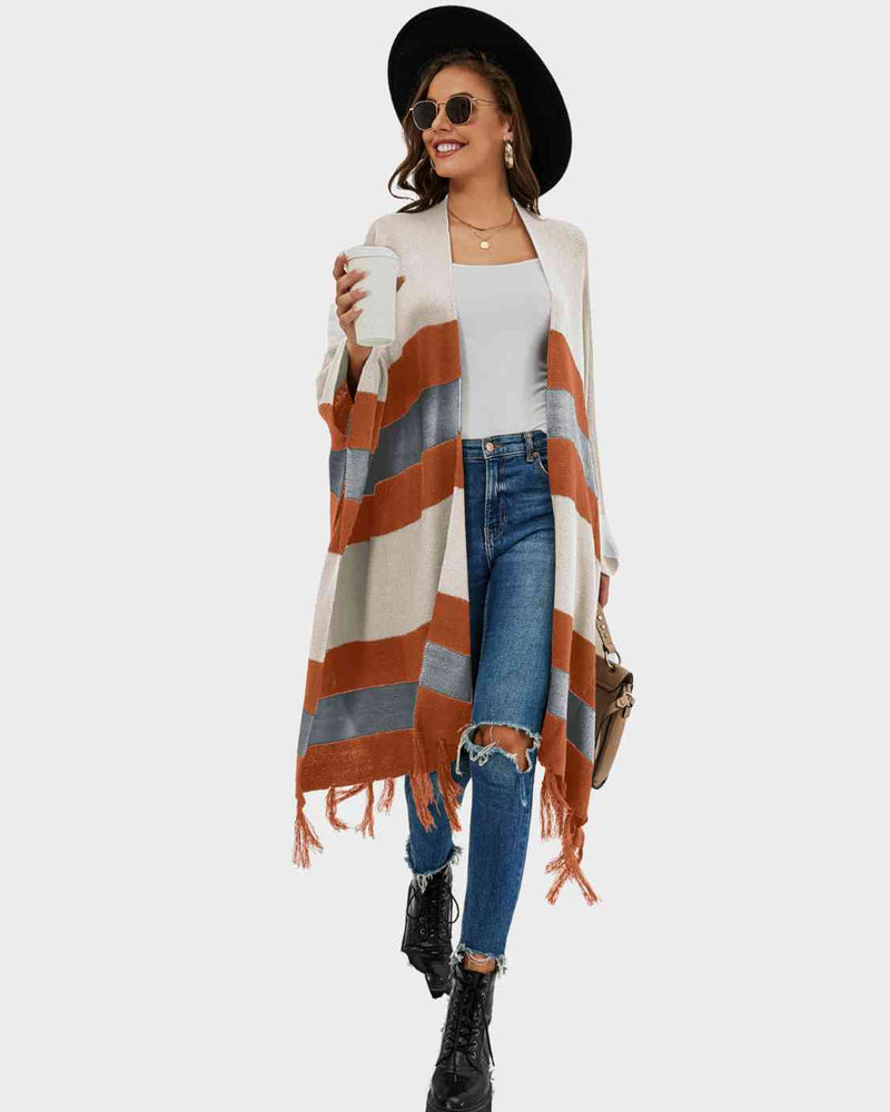 BEAUTIFUL I AM Striped Open Front Fringe Cardigan