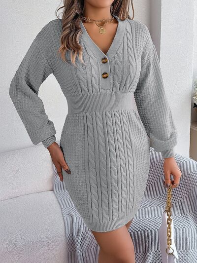 BEAUTIFUL I AM Buttoned Cable-Knit V-Neck Sweater Dress