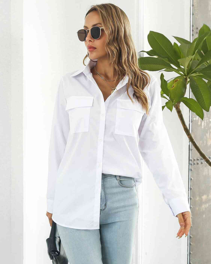 BEAUTIFUL I AM Collared Neck Buttoned Shirt with Pockets
