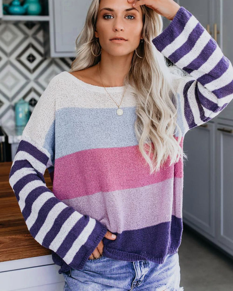 BEAUTIFUL I AM Color Block Boat Neck Dropped Shoulder Sweater