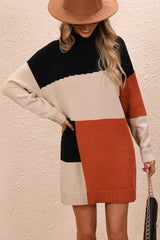 BEAUTIFUL I AM Color Block Mock Neck Dropped Shoulder Sweater Dress
