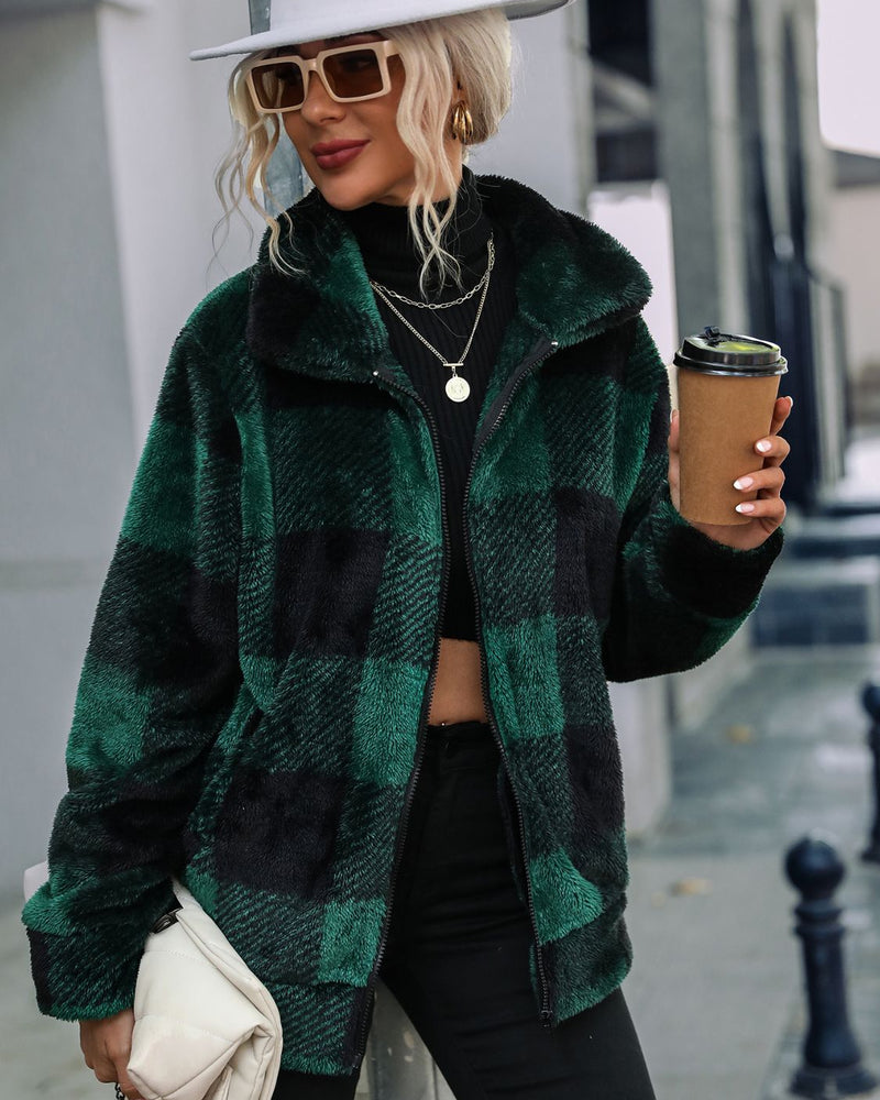 BEAUTIFUL I AM Plaid Zip-Up Collared Jacket