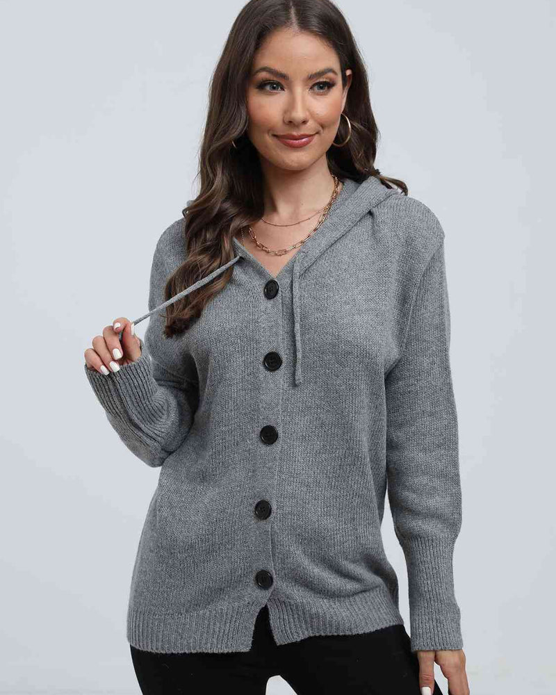 BEAUTIFUL I AM Button Down Drawstring Hooded Cardigan