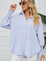 BEAUTIFUL I AM Striped Button Up Smocked Long Sleeve Shirt