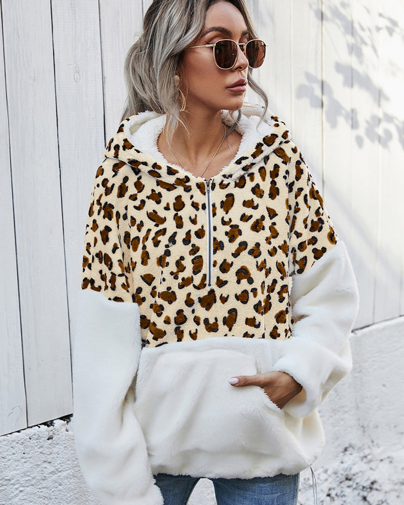 BEAUTIFUL I AM Leopard Half-Zip Dropped Shoulder Hoodie
