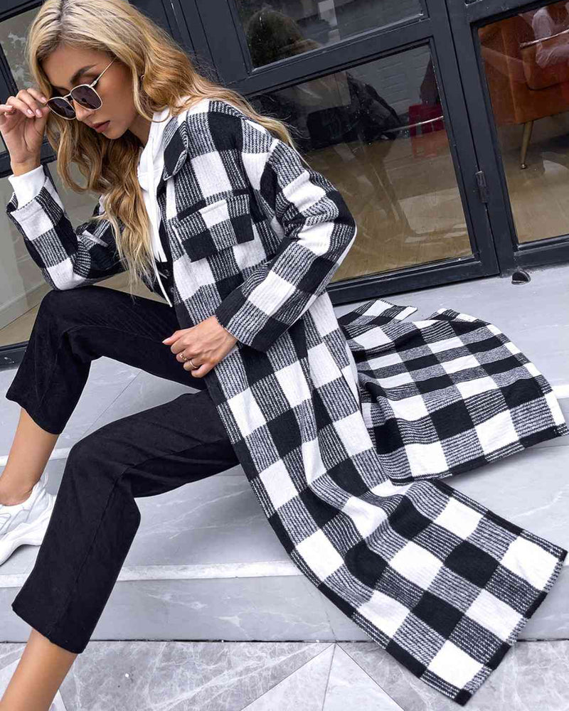 BEAUTIFUL I AM Plaid Collared Neck Slit Longline Jacket Coat