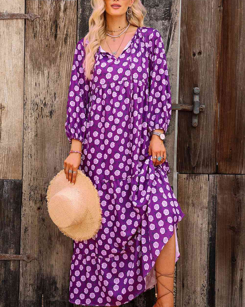 BEAUTIFUL I AM Printed Tie Neck Maxi Dress