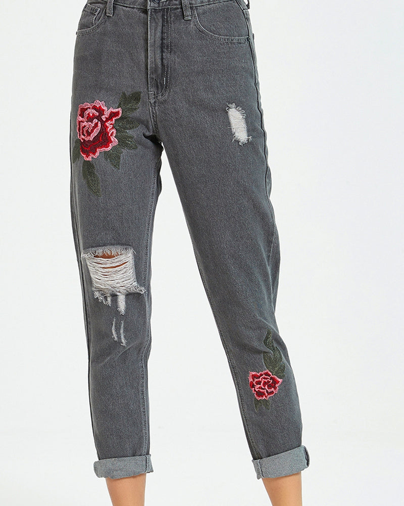 BEAUTIFUL I AM Flower Embroidery Distressed Jeans