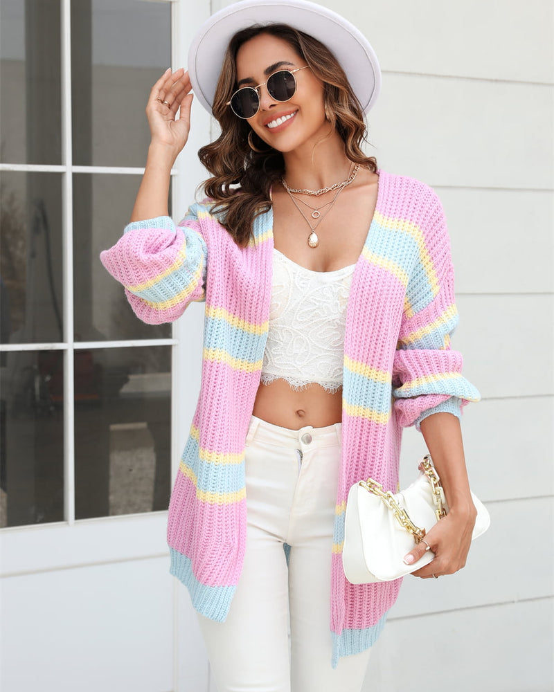 BEAUTIFUL I AM Color Block Ribbed Dropped Shoulder Open Front Cardigan