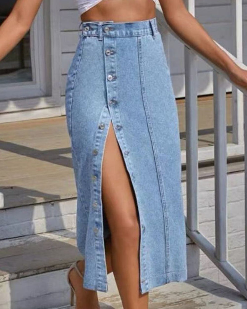 BEAUTIFUL I AM Button Fly Split Denim Skirt Dress