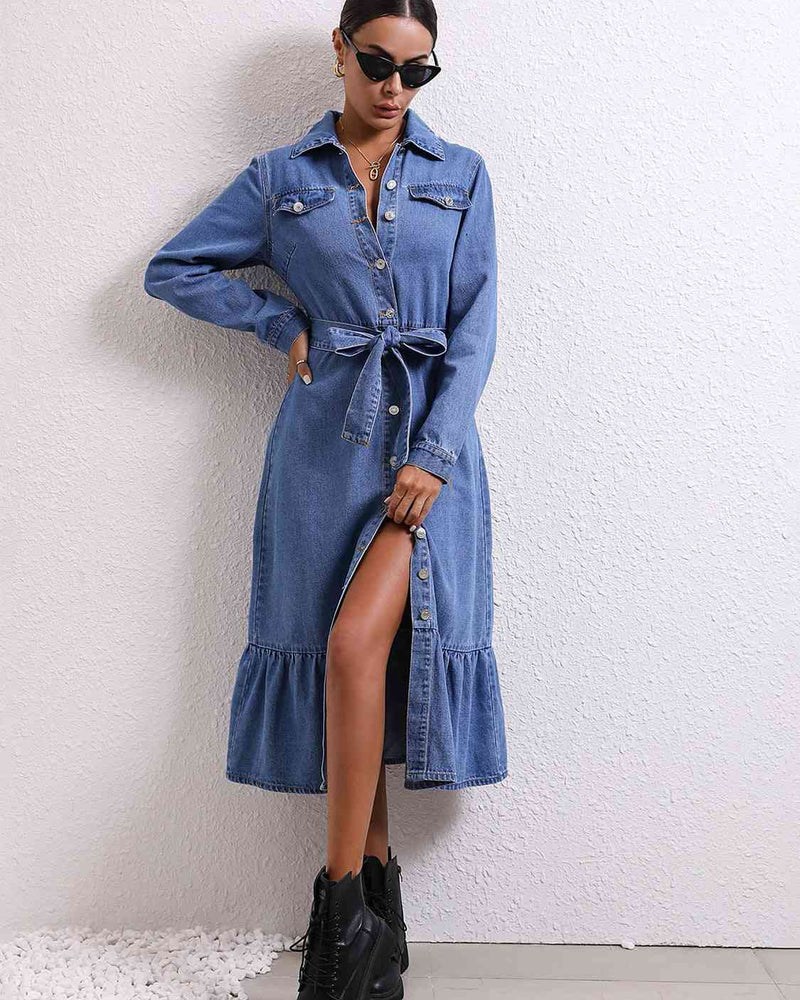 BEAUTIFUL I AM Collared Neck Button Down Denim Dress
