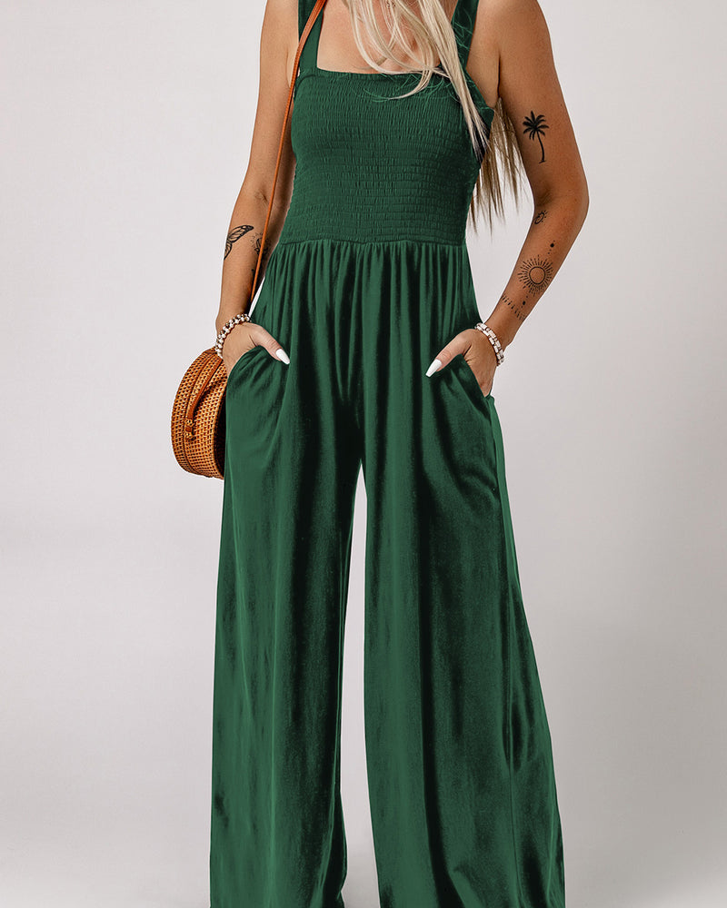 BEAUTIFUL I AM Smocked Square Neck Wide Leg Pants Jumpsuit with Pockets