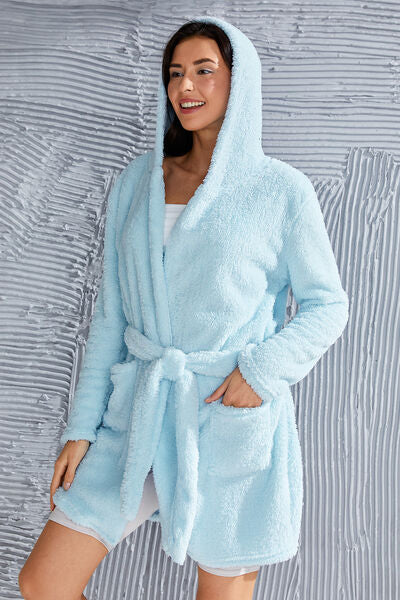 BEAUTIFUL I AM Fuzzy Tied Pocketed Hooded Lounge Robe