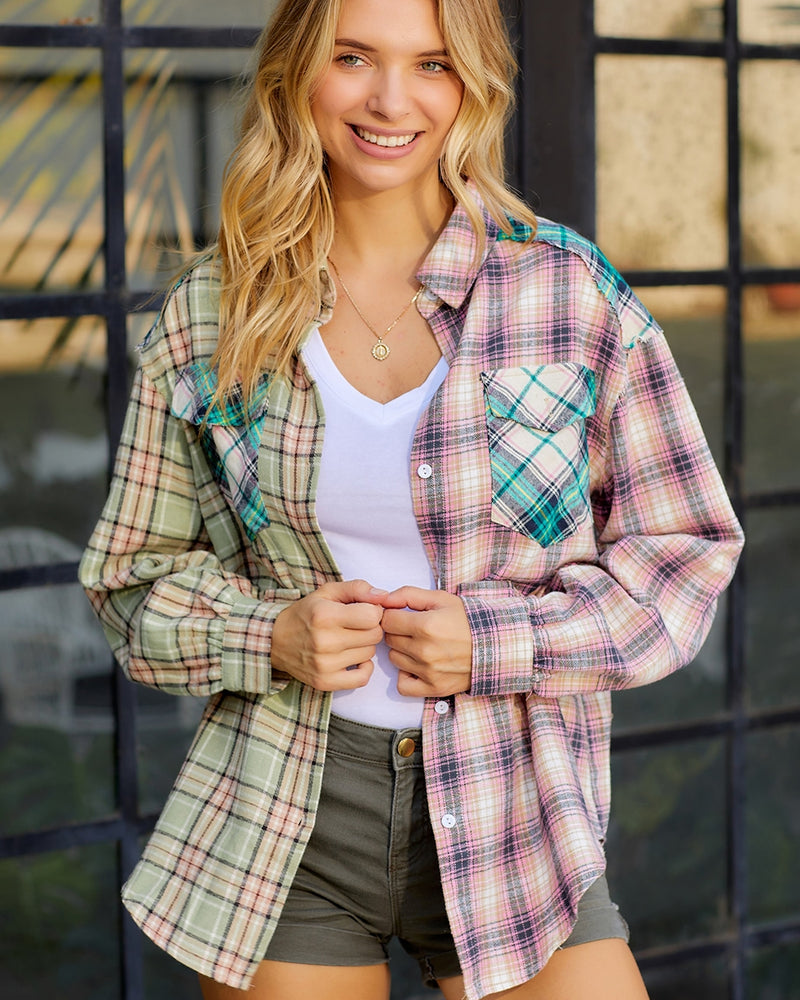 BEAUTIFUL I AM Contrast Plaid Long Sleeve Collared Neck Shirt