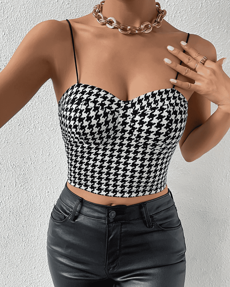 BEAUTIFUL I AM Cropped Sweetheart Neck Houndstooth Pattern Cami Shirt