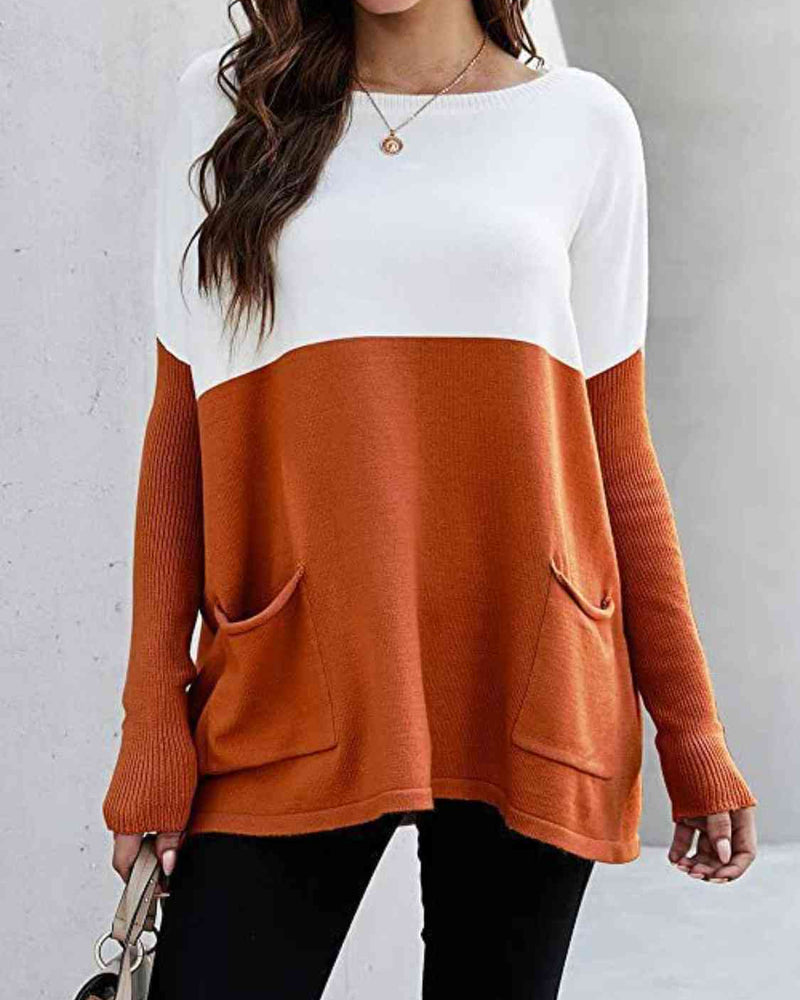 BEAUTIFUL I AM Two Tone Pullover Sweater with Pockets