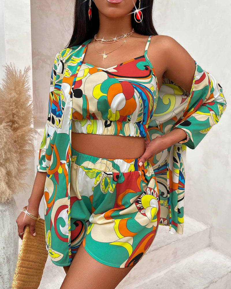 BEAUTIFUL I AM Printed Cami, Shorts, and Cardigan Set