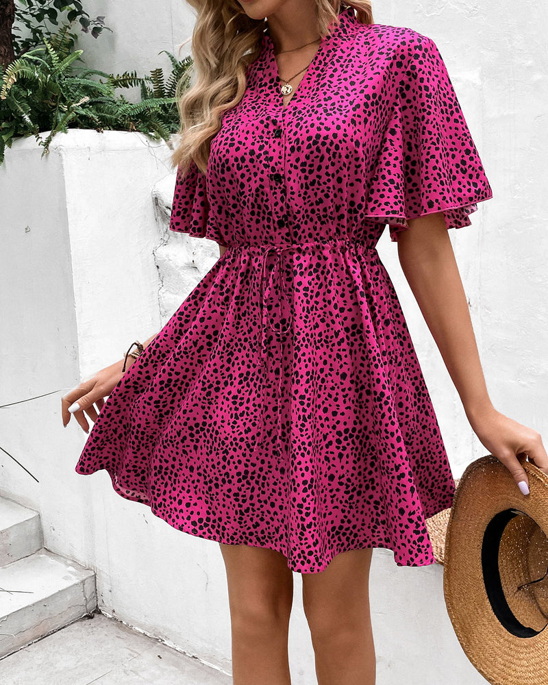 BEAUTIFUL I AM Printed Drawstring Waist Flutter Sleeve Dress