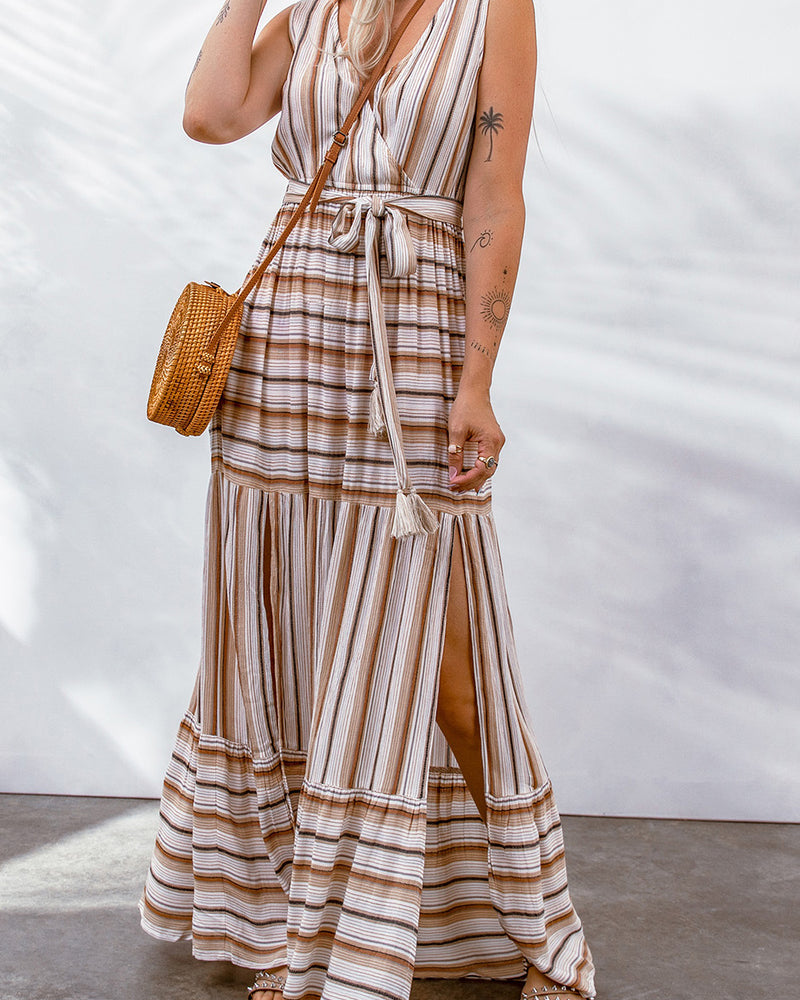 BEAUTIFUL I AM Striped Tie Waist Slit Sleeveless Dress