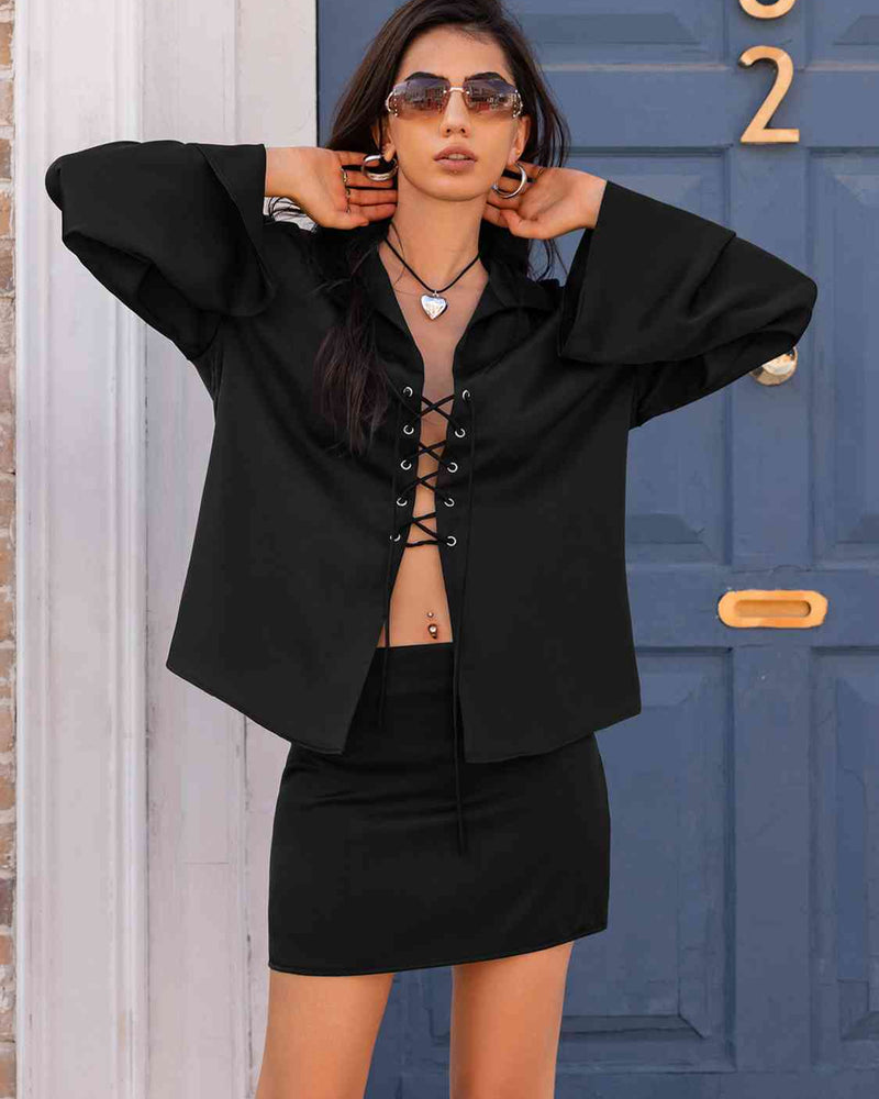BEAUTIFUL I AM Lace Up Top and Skirt Dress Set