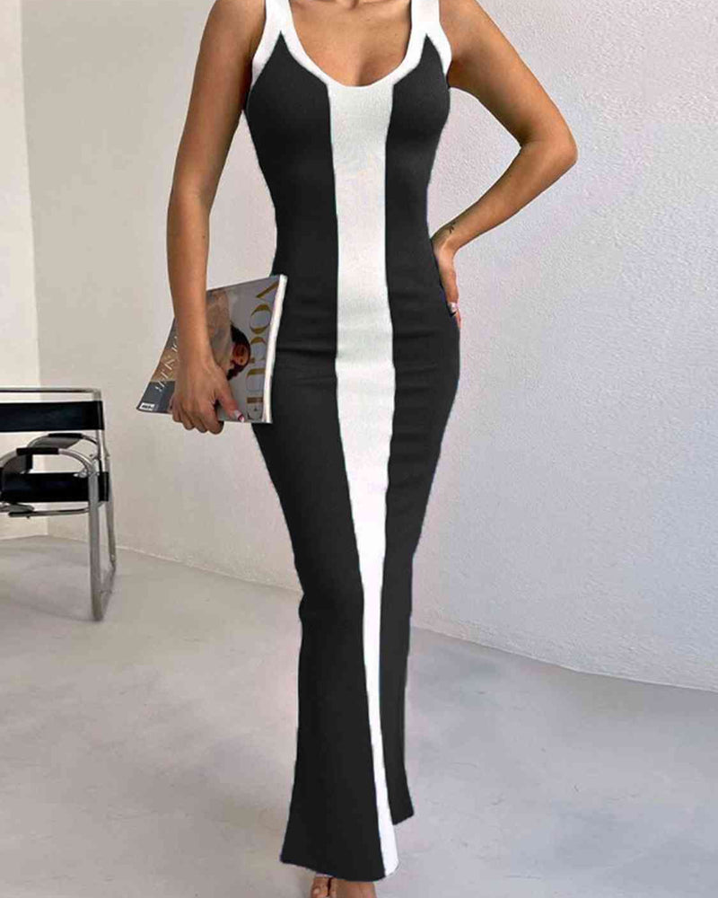 BEAUTIFUL I AM Contrast Wide Strap Slit Midi Dress