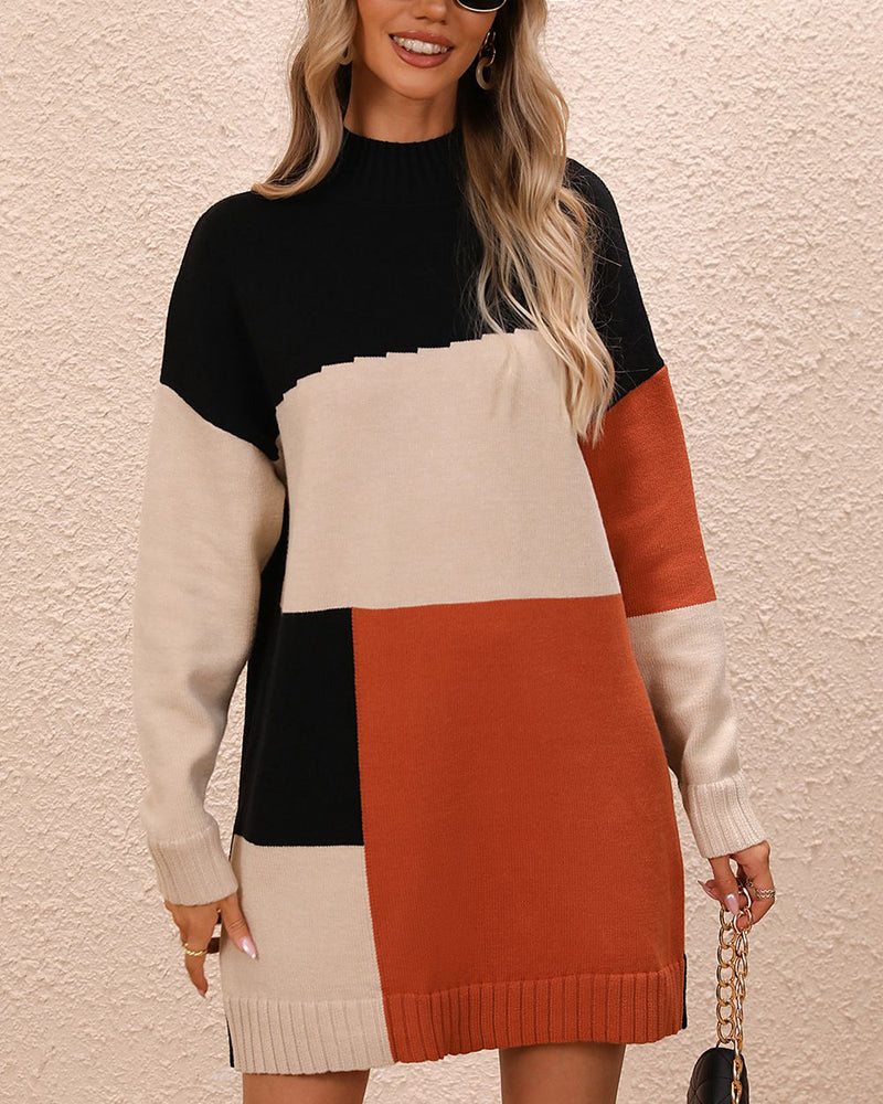 BEAUTIFUL I AM Color Block Mock Neck Dropped Shoulder Sweater Dress