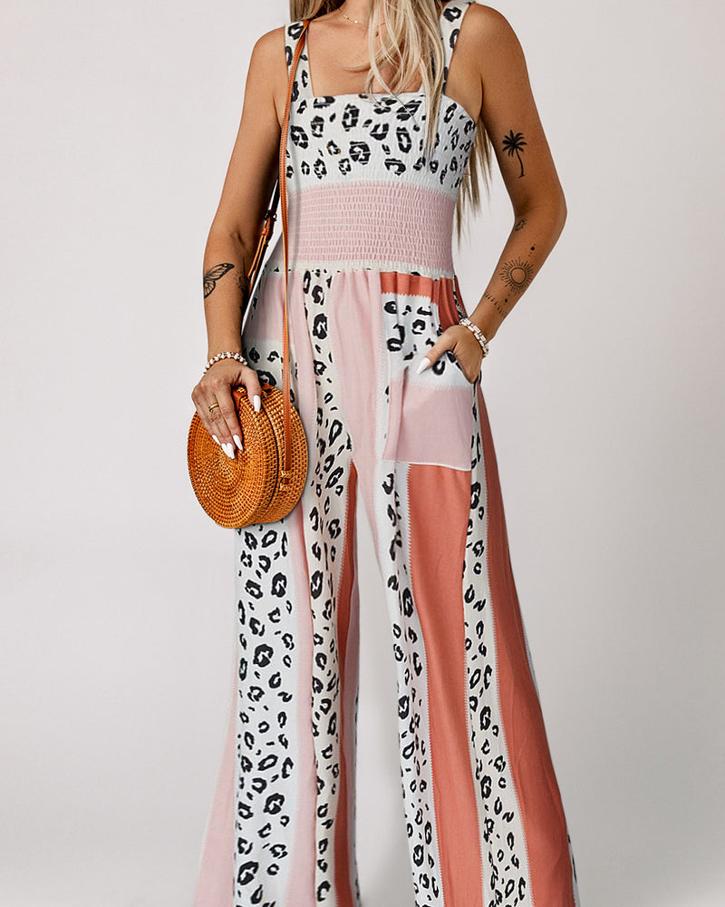 BEAUTIFUL I AM Leopard Color Block Smocked Pants Jumpsuit