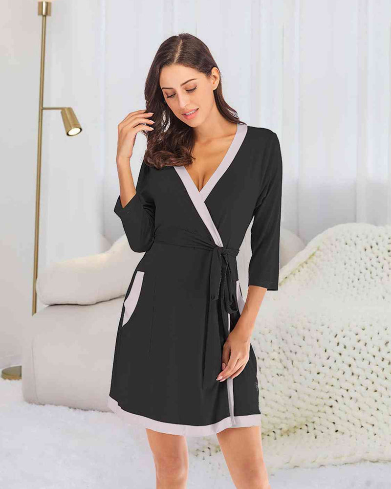 BEAUTIFUL I AM Tie Waist Surplice Neck Robe with Pockets