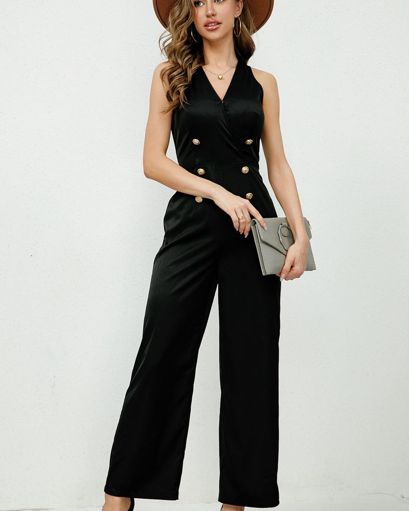 BEAUTIFUL I AM V-Neck Sleeveless Decorative Buttons Pants Jumpsuit