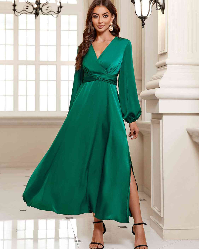 BEAUTIFUL I AM Surplice Long Sleeve Slit Midi Dress