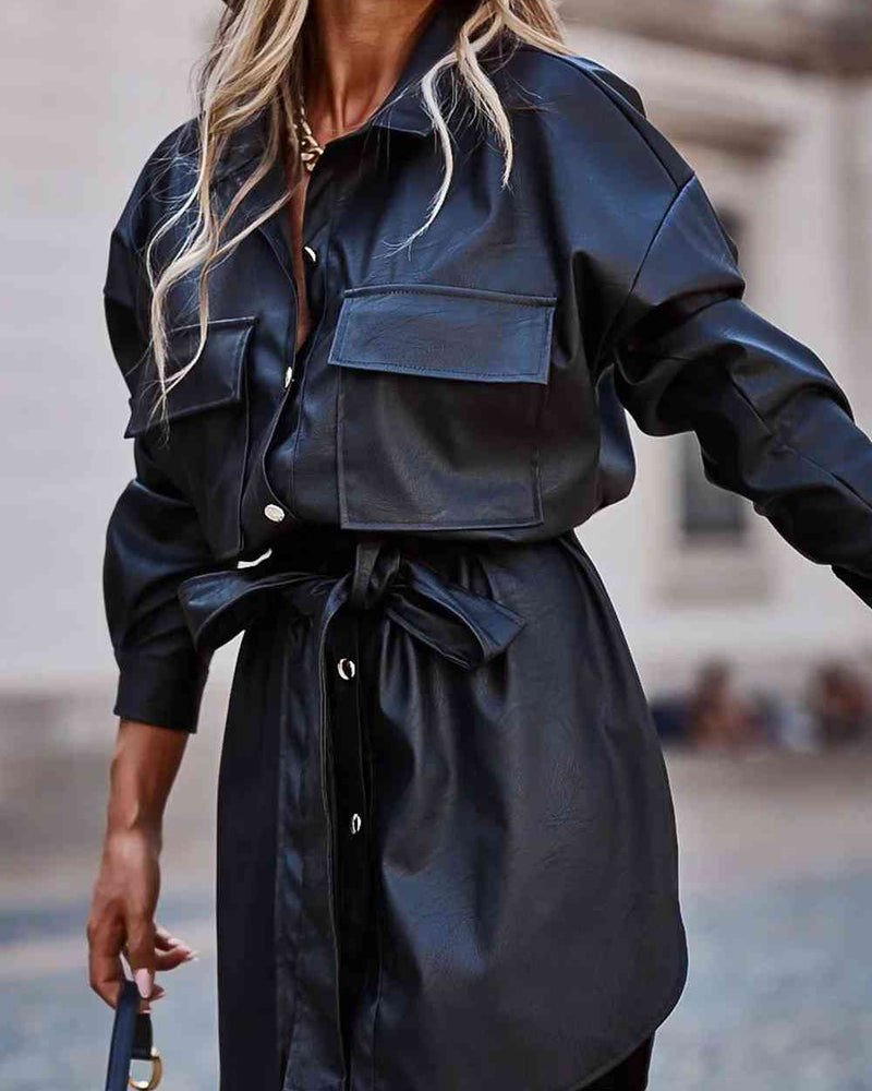 BEAUTIFUL I AM Tie Waist Collared Long Sleeve Dress