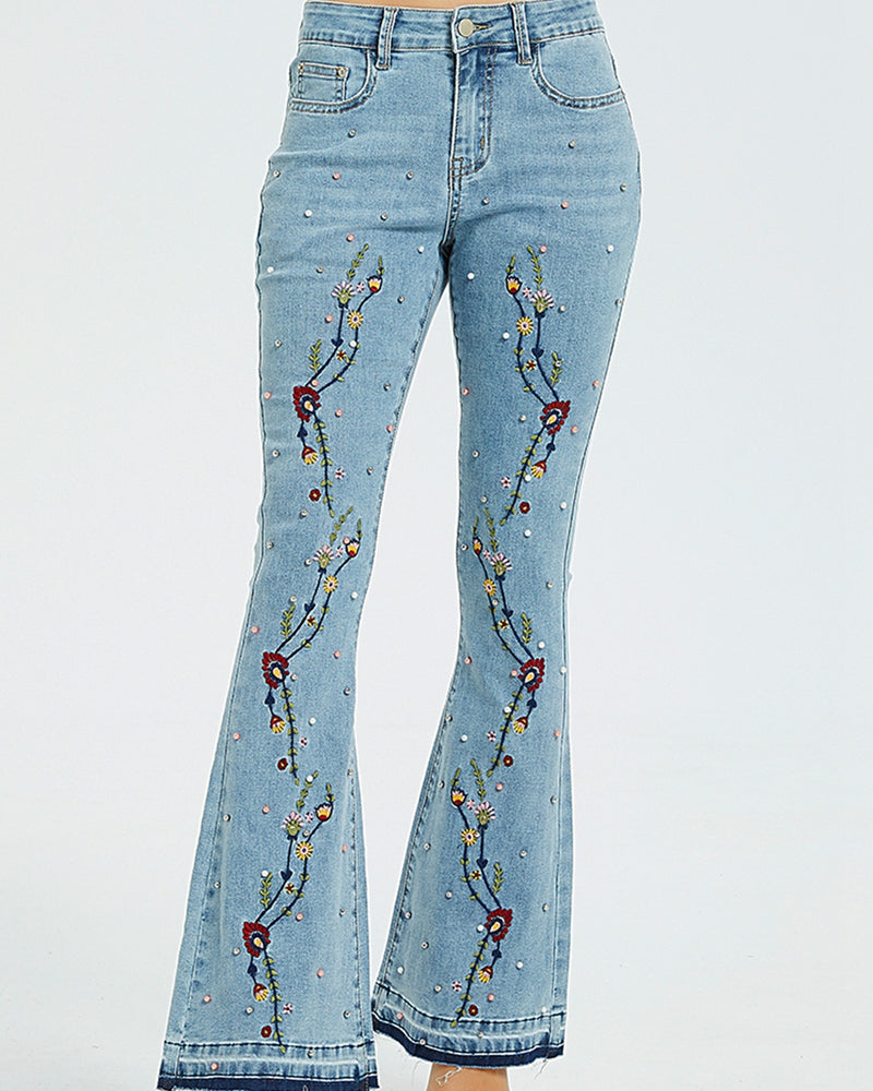 BEAUTIFUL I AM Full Size Flower Embroidery Wide Leg Jeans