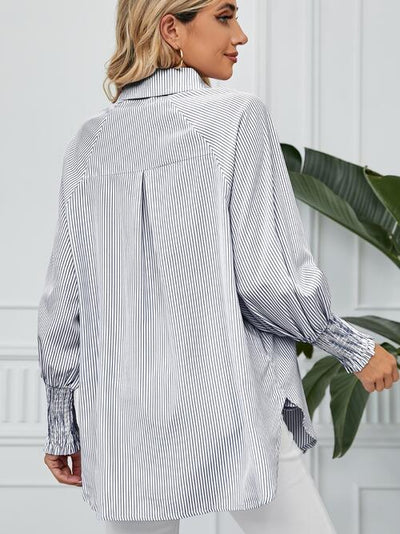 BEAUTIFUL I AM Striped Button Up Smocked Long Sleeve Shirt