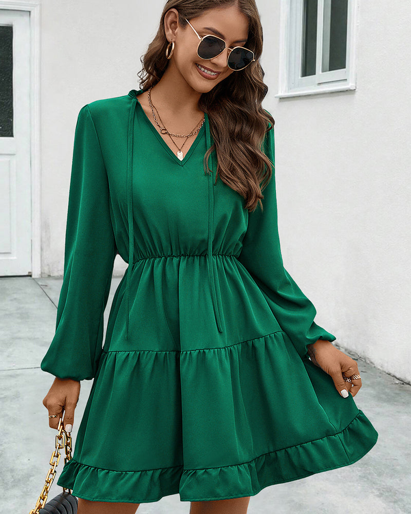 BEAUTIFUL I AM V-Neck Tie Neck Long Sleeve Dress