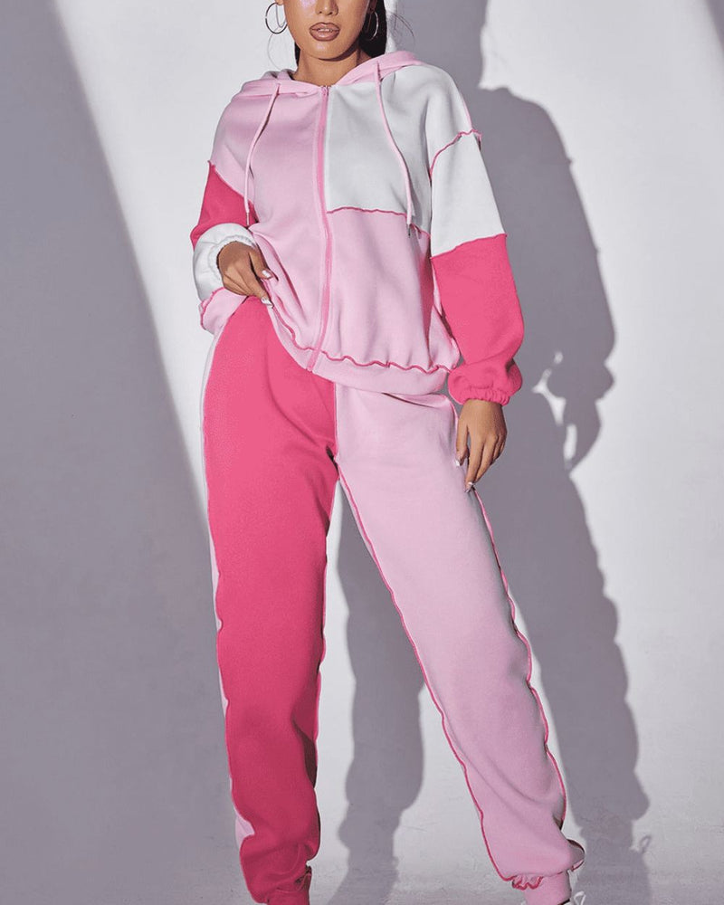 BEAUTIFUL I AM Exposed Seams Color Block Hoodie and Pants Set
