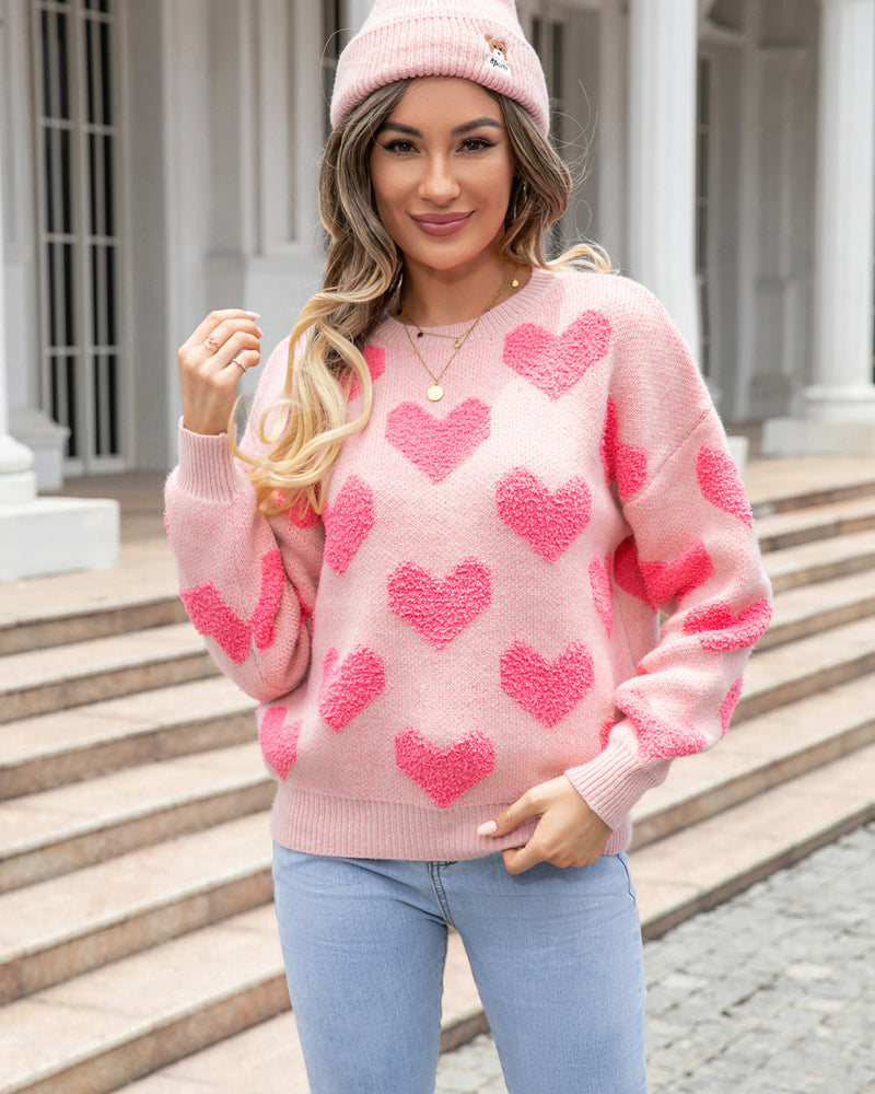 BEAUTIFUL I AM Round Neck Dropped Shoulder Sweater with Heart Pattern