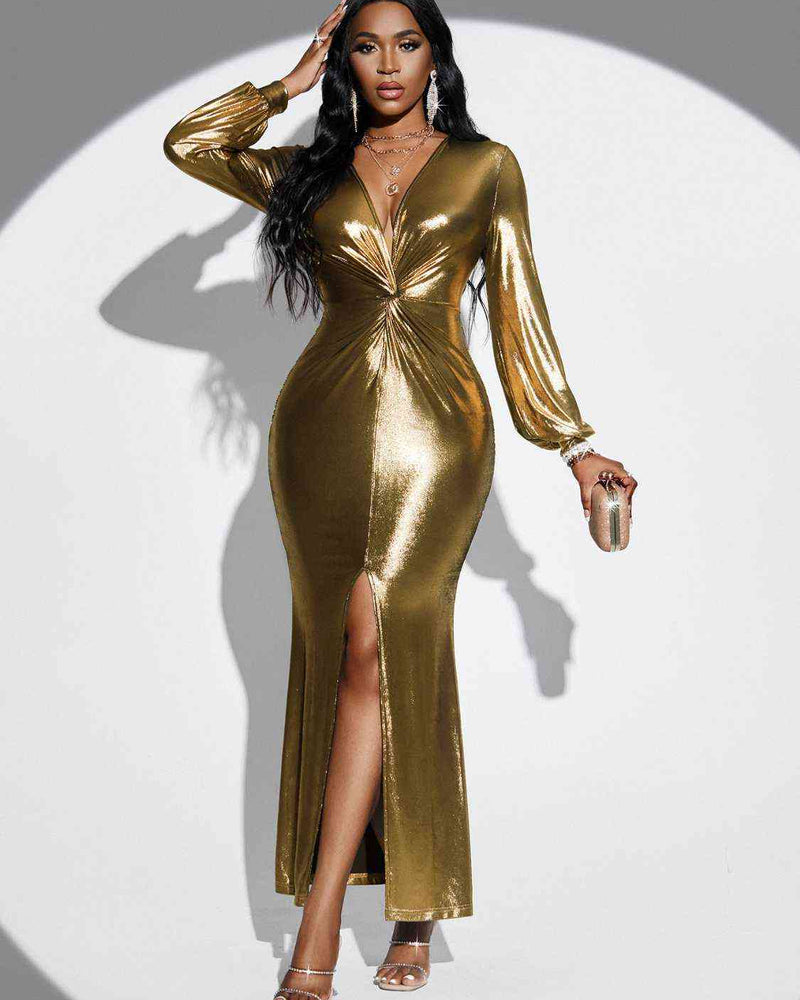 BEAUTIFUL I AM Plunge Twisted Slit Midi Dress