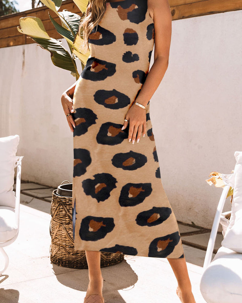 BEAUTIFUL I AM Leopard Round Neck Sleeveless Midi Dress
