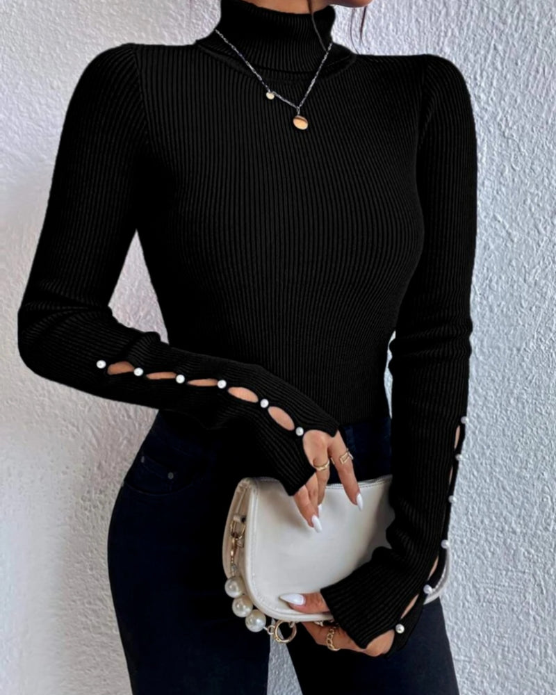 BEAUTIFUL I AM Cutout Turtleneck Rib-Knit Top Shirt